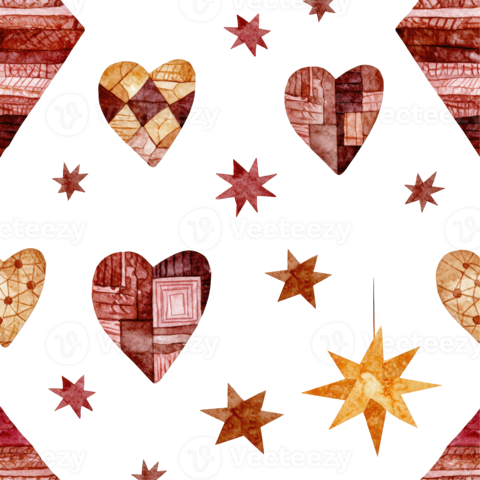 A heartwarming repeating pattern of textured hearts and stars, with rich brown and golden hues, evoking a sense of warmth and festive charm. png