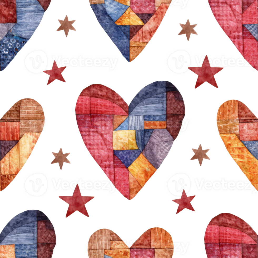 A charming watercolor pattern of patchwork hearts and stars, perfect for adding a touch of whimsy and warmth to any design. png