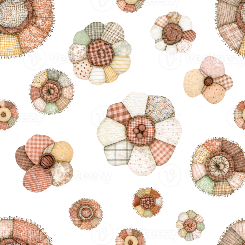 A delightful pattern showcasing a variety of fabric flowers in soft, inviting colors, each one crafted with intricate detail and a touch of rustic charm. png