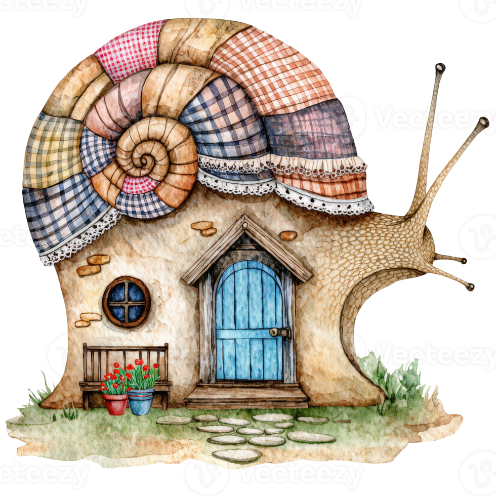 A charming snail house with a spiral patterned shell, small blue door, and a bench with flower pots, a magical and fairy tale-like scene png