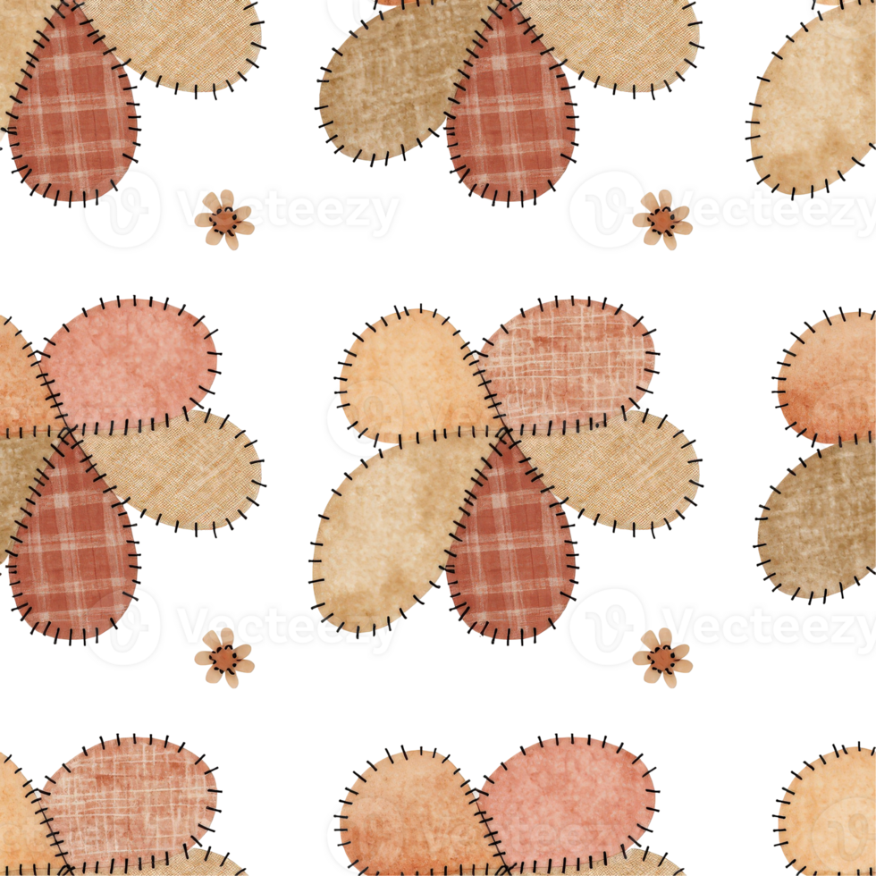 Charming seamless pattern with a repeating design of stylized flowers made from various textured fabrics, creating a warm and inviting aesthetic. png