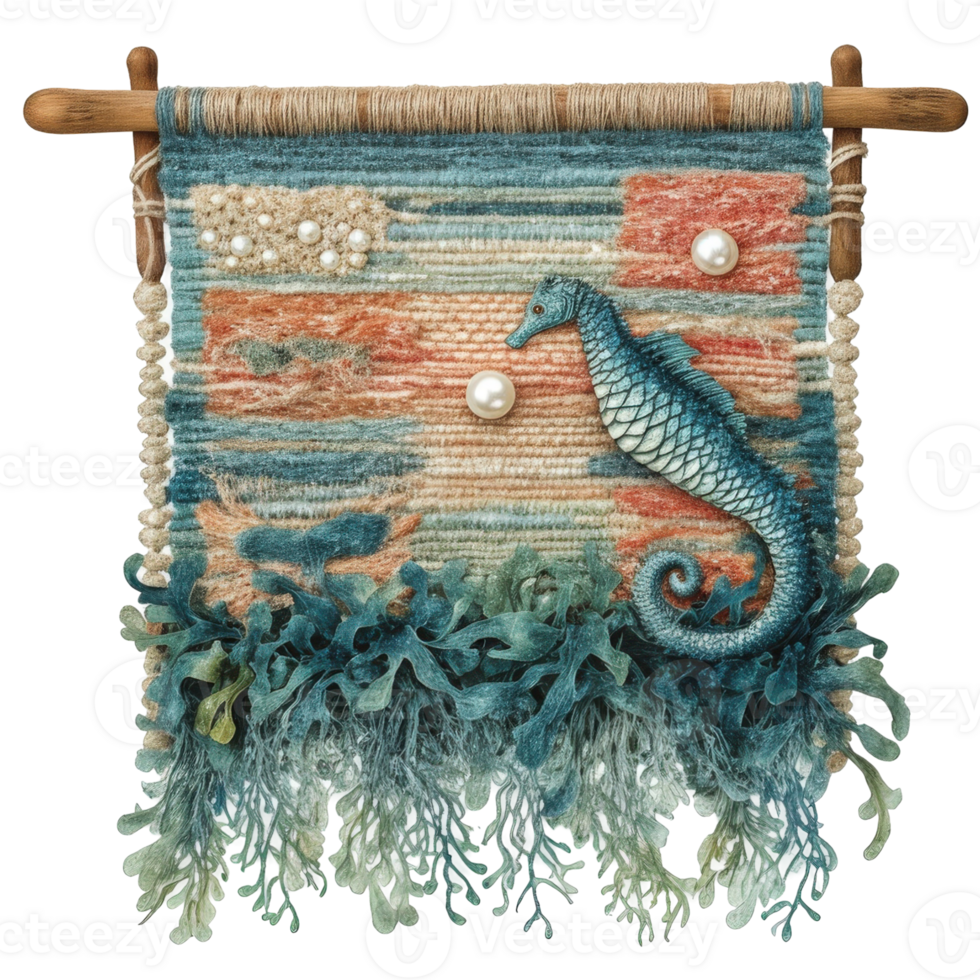 A unique handcrafted tapestry depicting an underwater scene with a seahorse. Soft colors and textures add a touch of elegance and seaside charm. png