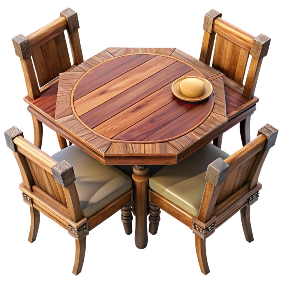 vibrant rustic Wooden Dining Table Set Top View Transparent Background 4K png