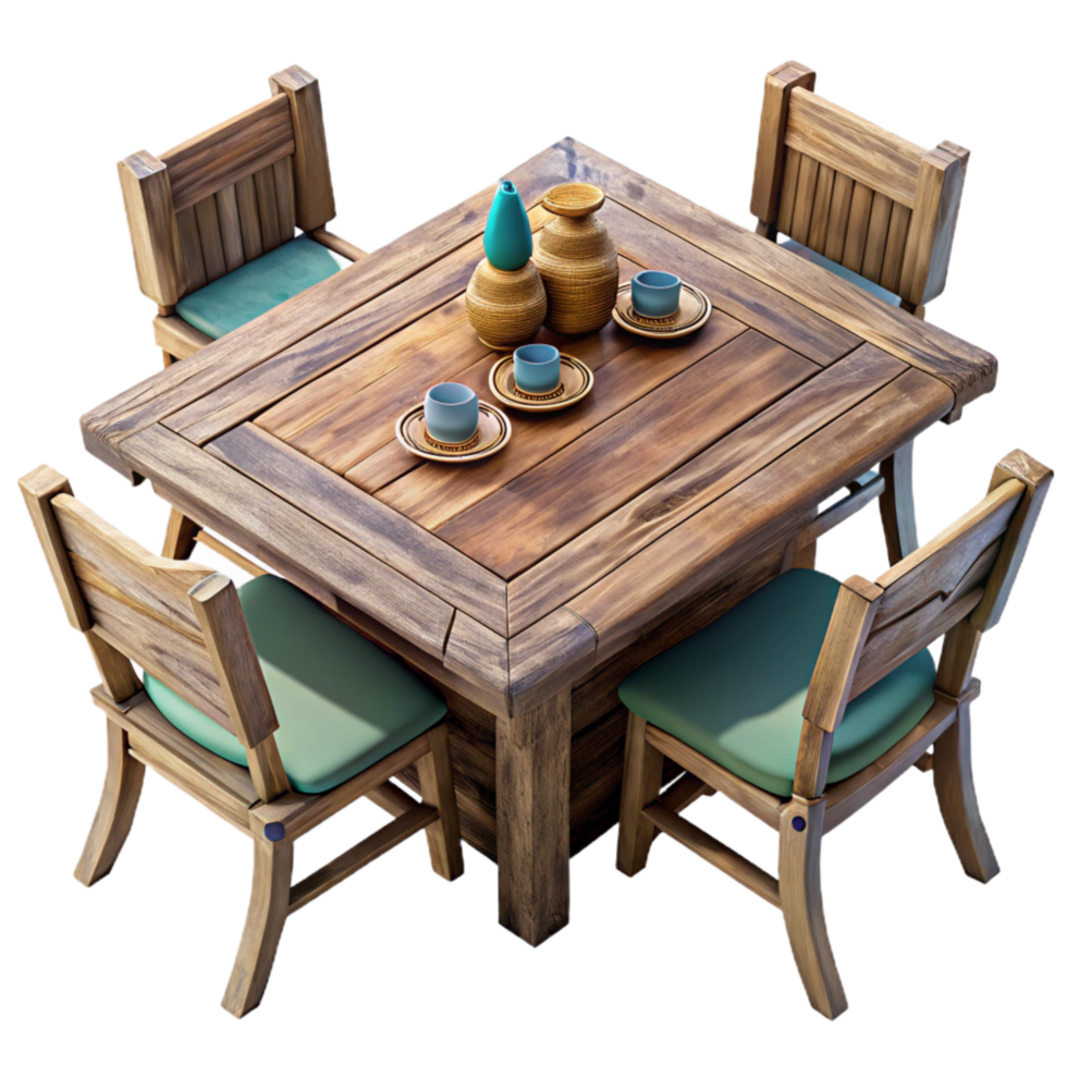 serene traditional Wooden Dining Table Set Top View Transparent Background exclusive png