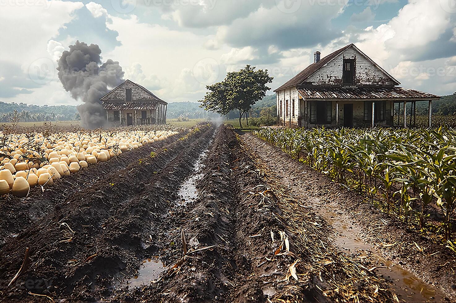 Historic Farming Scene with Smoke and Fields in a Rural Landscape photo