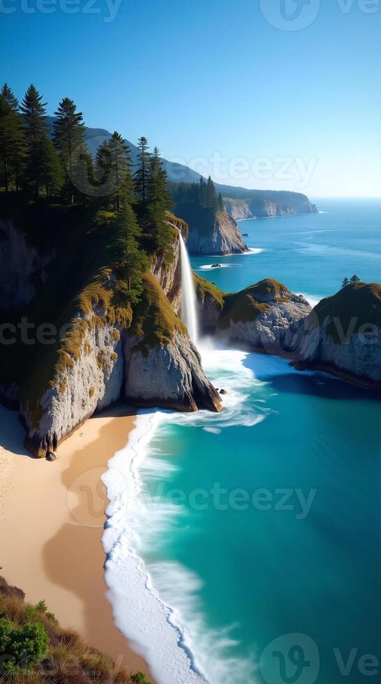 Stunning Nature Phone Wallpaper Featuring Waterfall and Pristine Beach Landscape photo