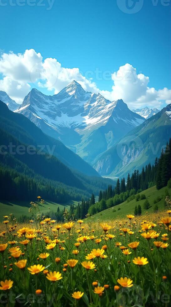 Stunning Mountain Landscape Phone Wallpaper with Vibrant Wildflowers in Foreground photo