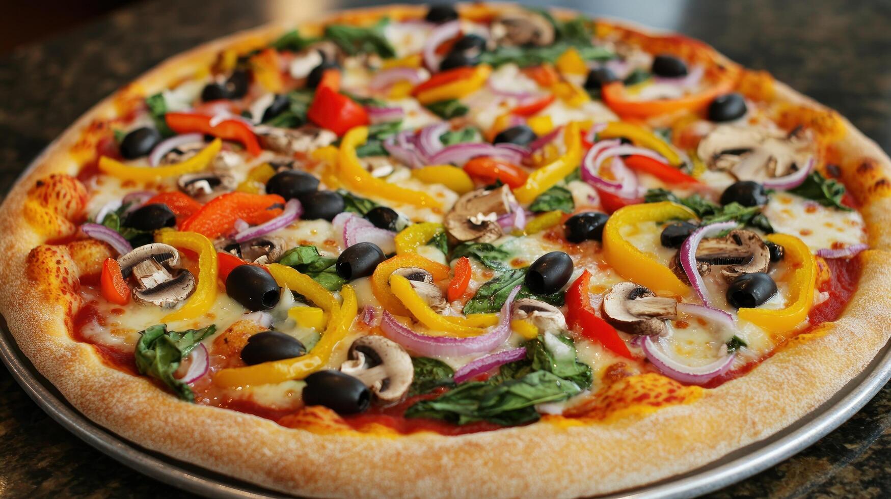 A colorful veggie pizza topped with bell peppers, red onions, mushrooms, olives, and spinach on a whole wheat crust photo