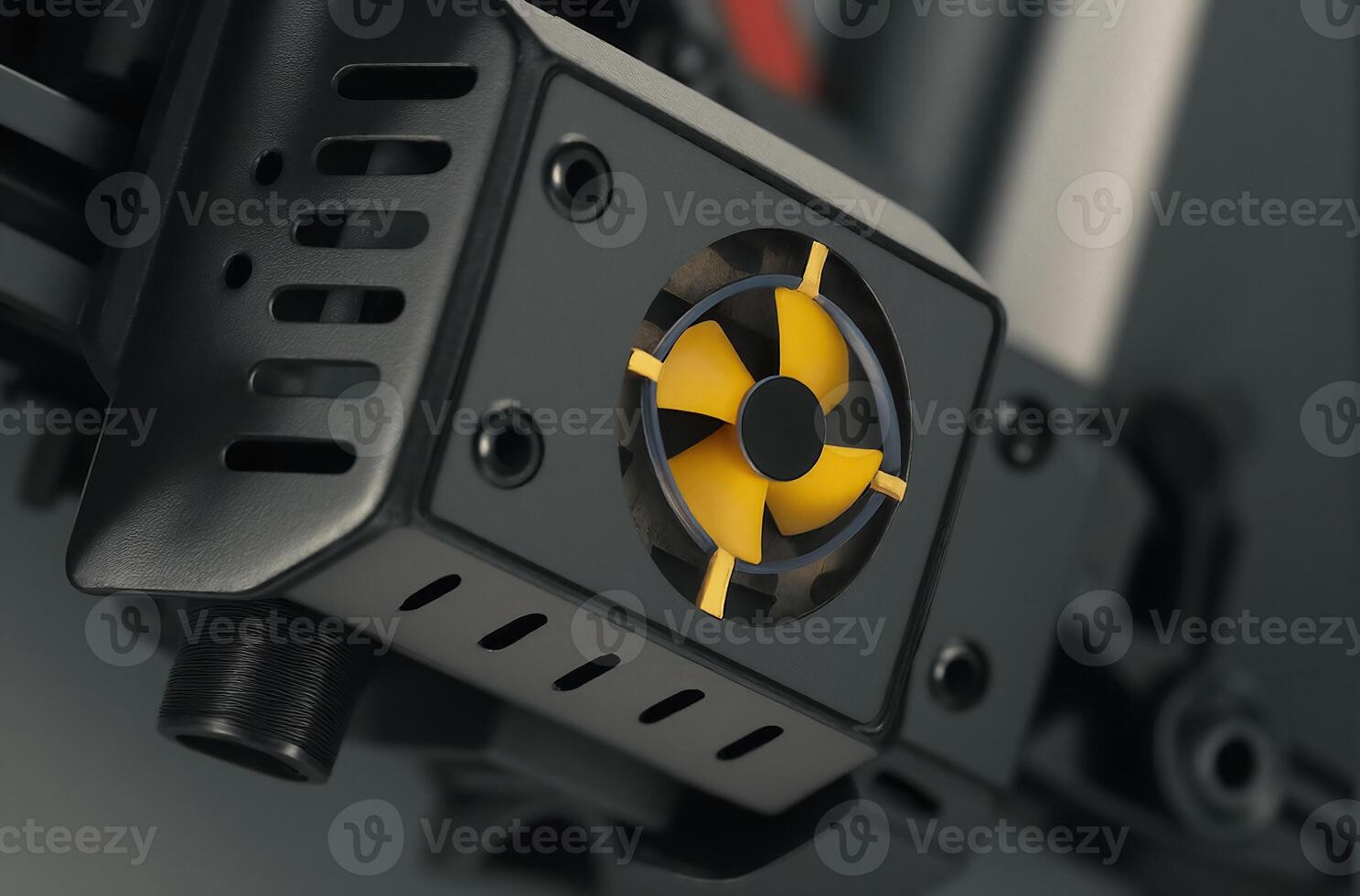 Close Up View of a 3D Printer Nozzle with Unique Cooling Fan Design photo