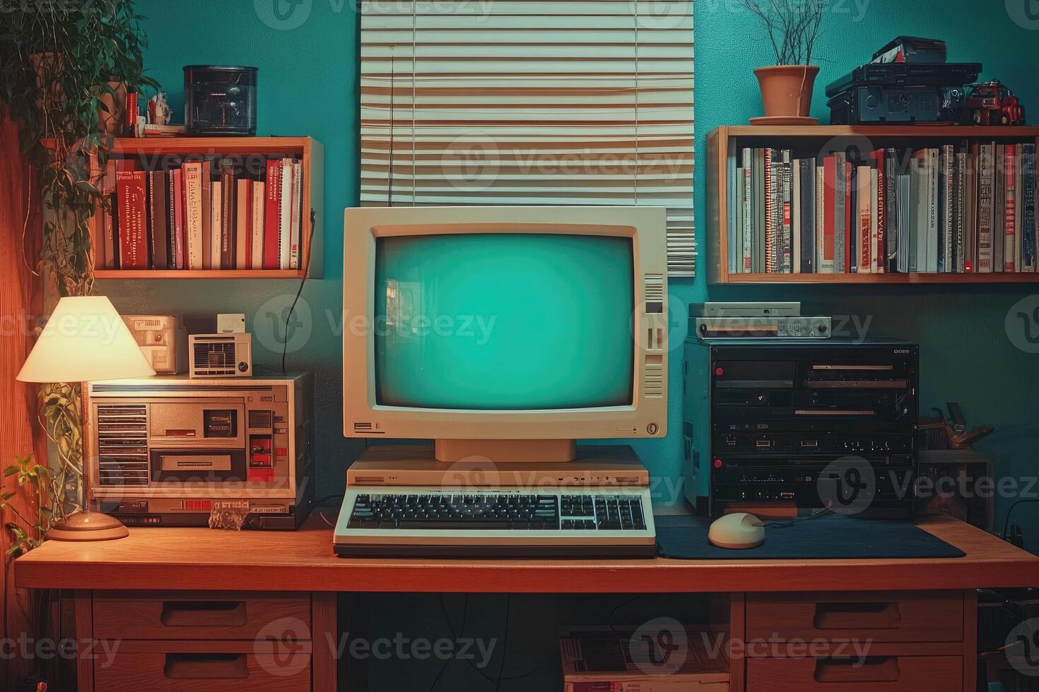 Vintage personal computer displaying solid teal screen in cozy retro room setup photo