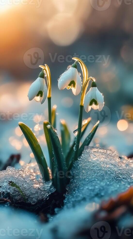 Snowdrops emerging from melting snow at sunset .. photo