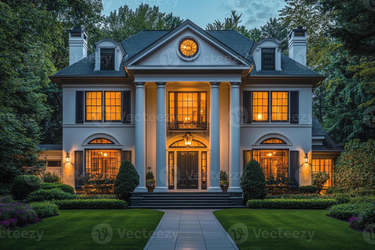 Beautiful colonial style home exterior at twilight with illuminated windows photo