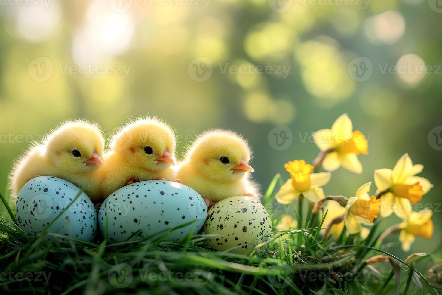 Three baby chickens sitting on easter eggs with daffodils in spring sunlight photo