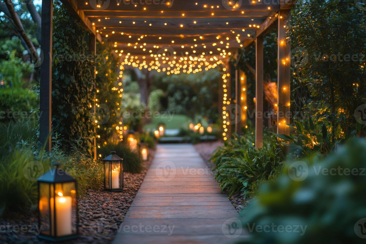 Pathway lit by string lights and lanterns creating a romantic ambiance photo