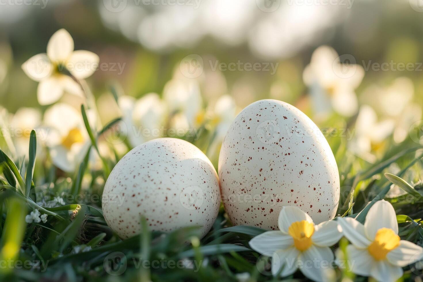 Easter eggs lying on green grass with daffodils during sunset photo