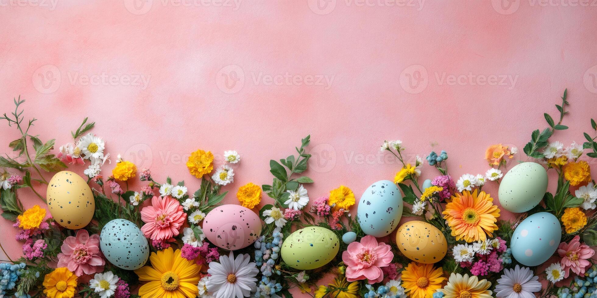 Colorful easter eggs lying on pink background with spring flowers photo