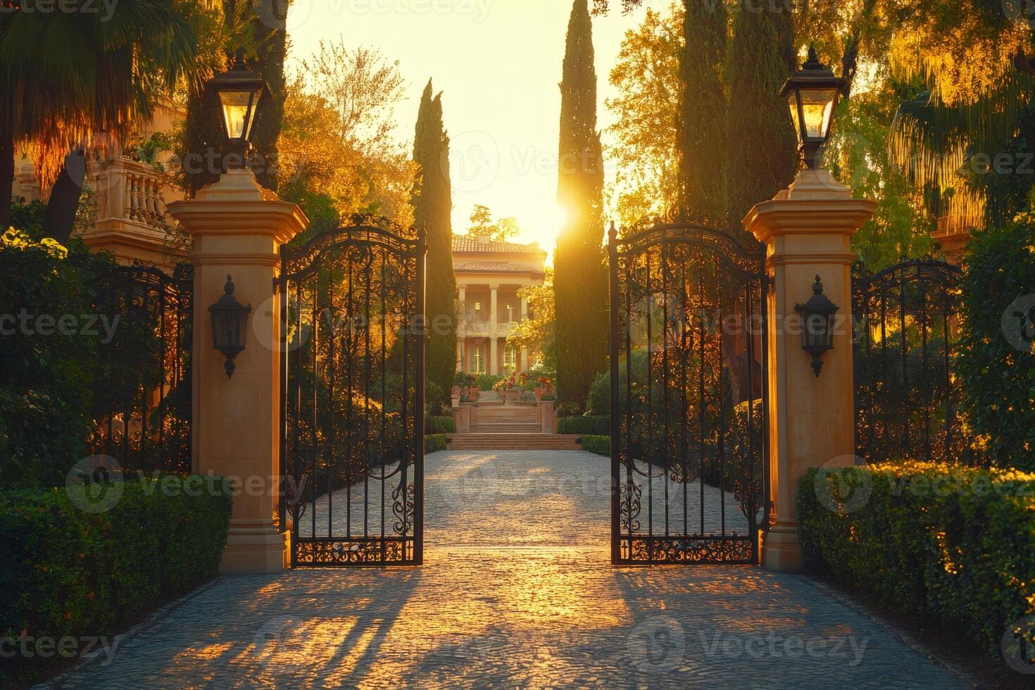 Wrought iron gates opening to luxury villa at sunset photo