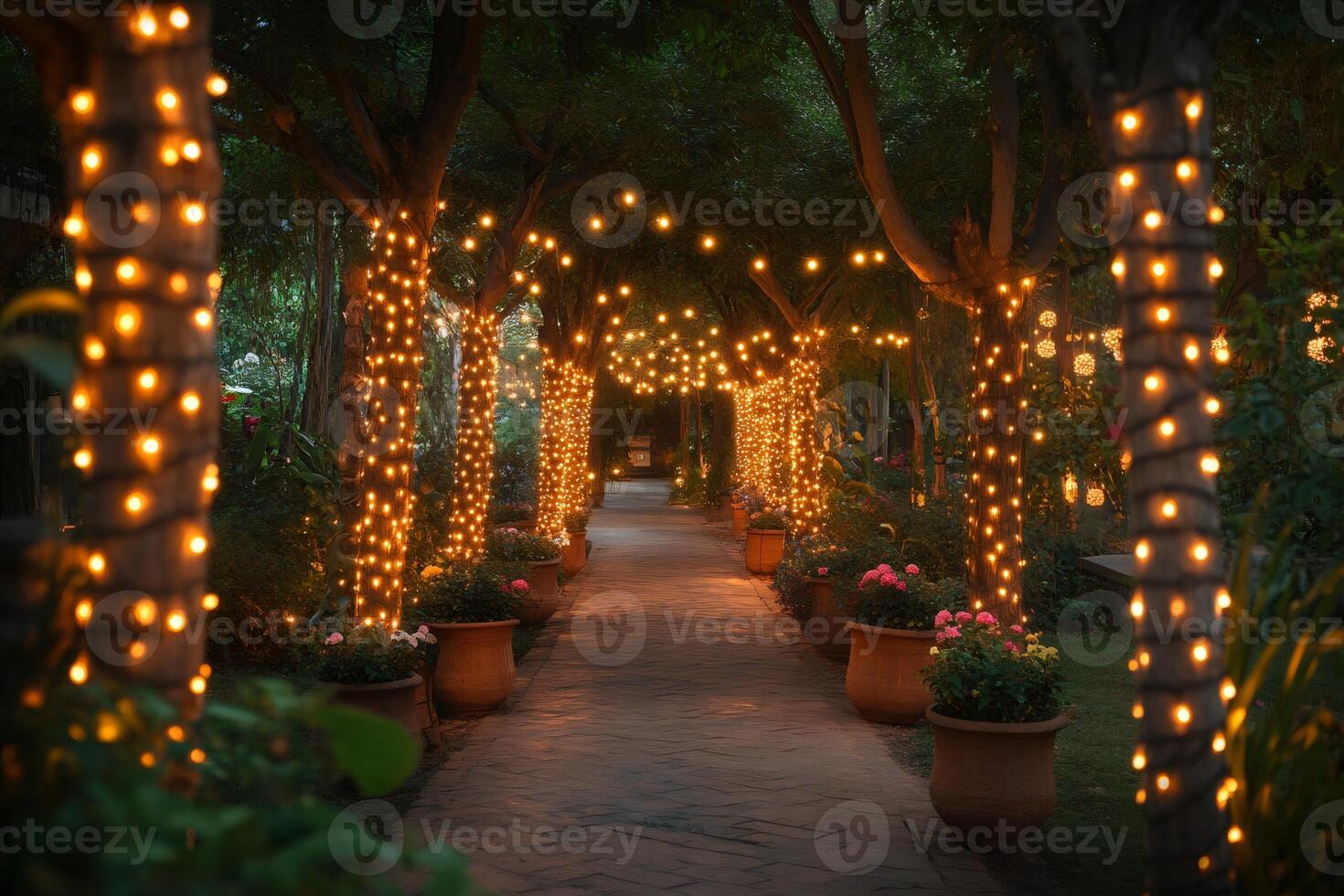 Pathway lit by string lights wrapped around trees at dusk photo