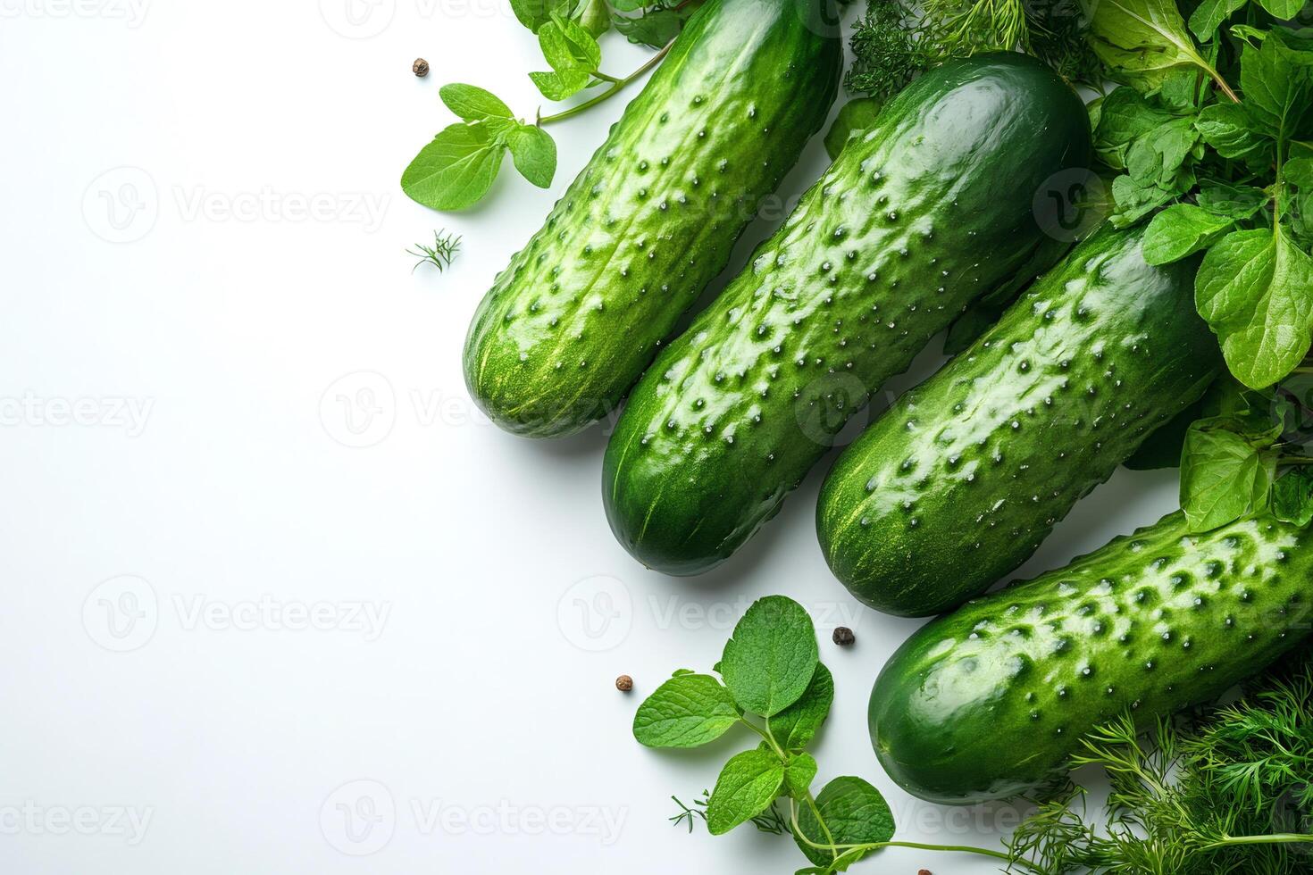 Fresh cucumbers with dill and mint on white background photo