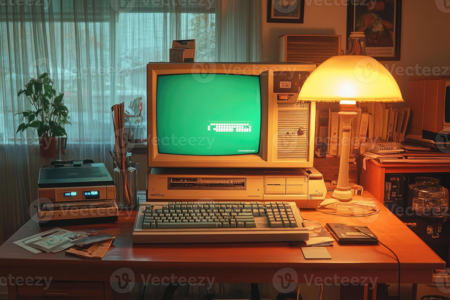 Vintage personal computer displaying green screen in cozy room setting photo