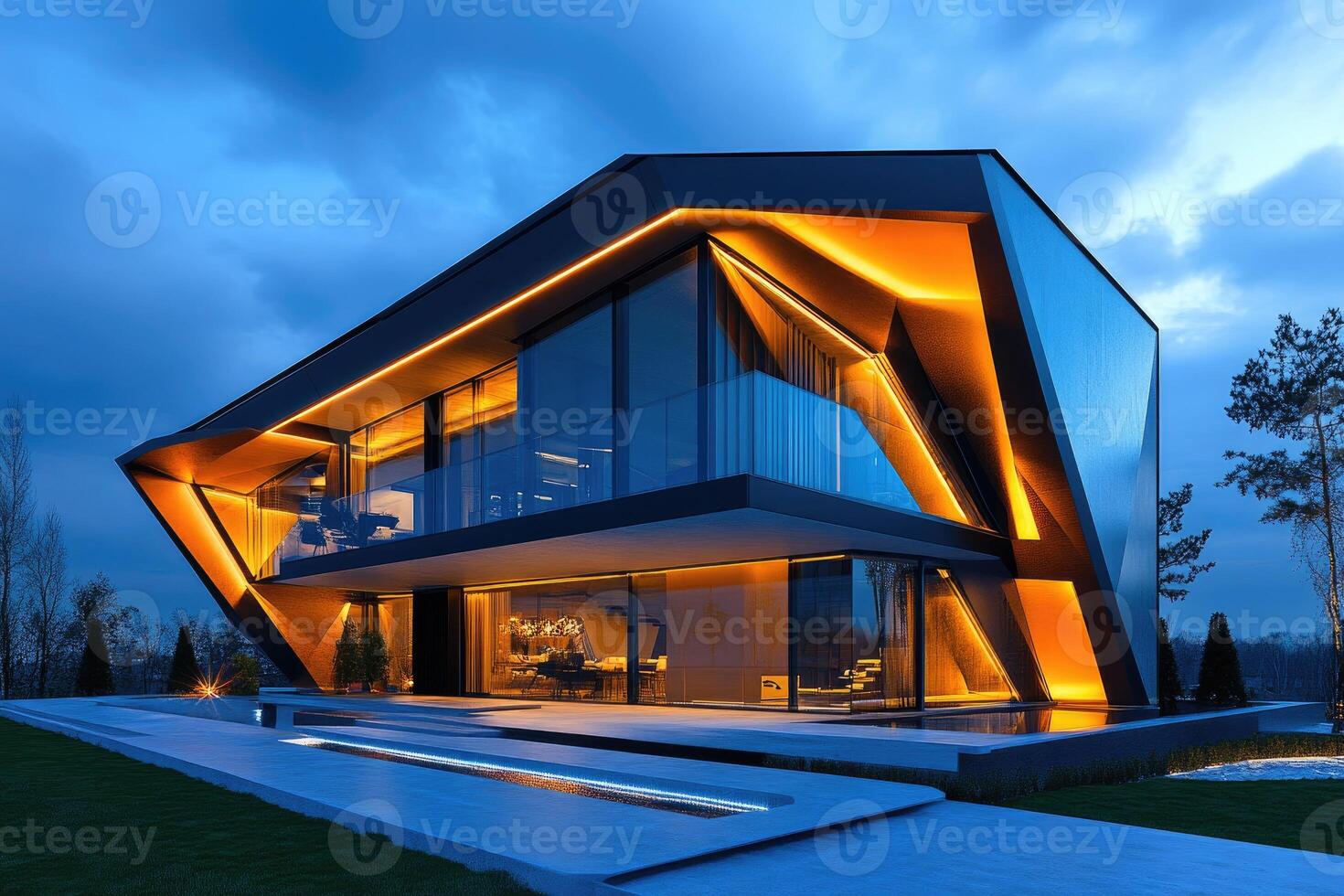 Modern luxury home exterior design featuring glowing lights at dusk photo