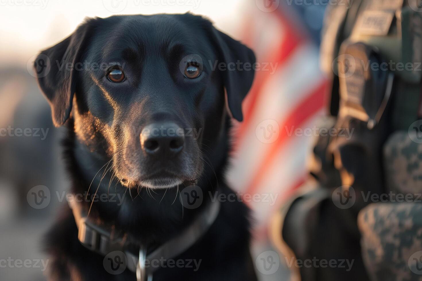 Military working dog posing with american flag and soldier, loyalty, service, and partnership photo