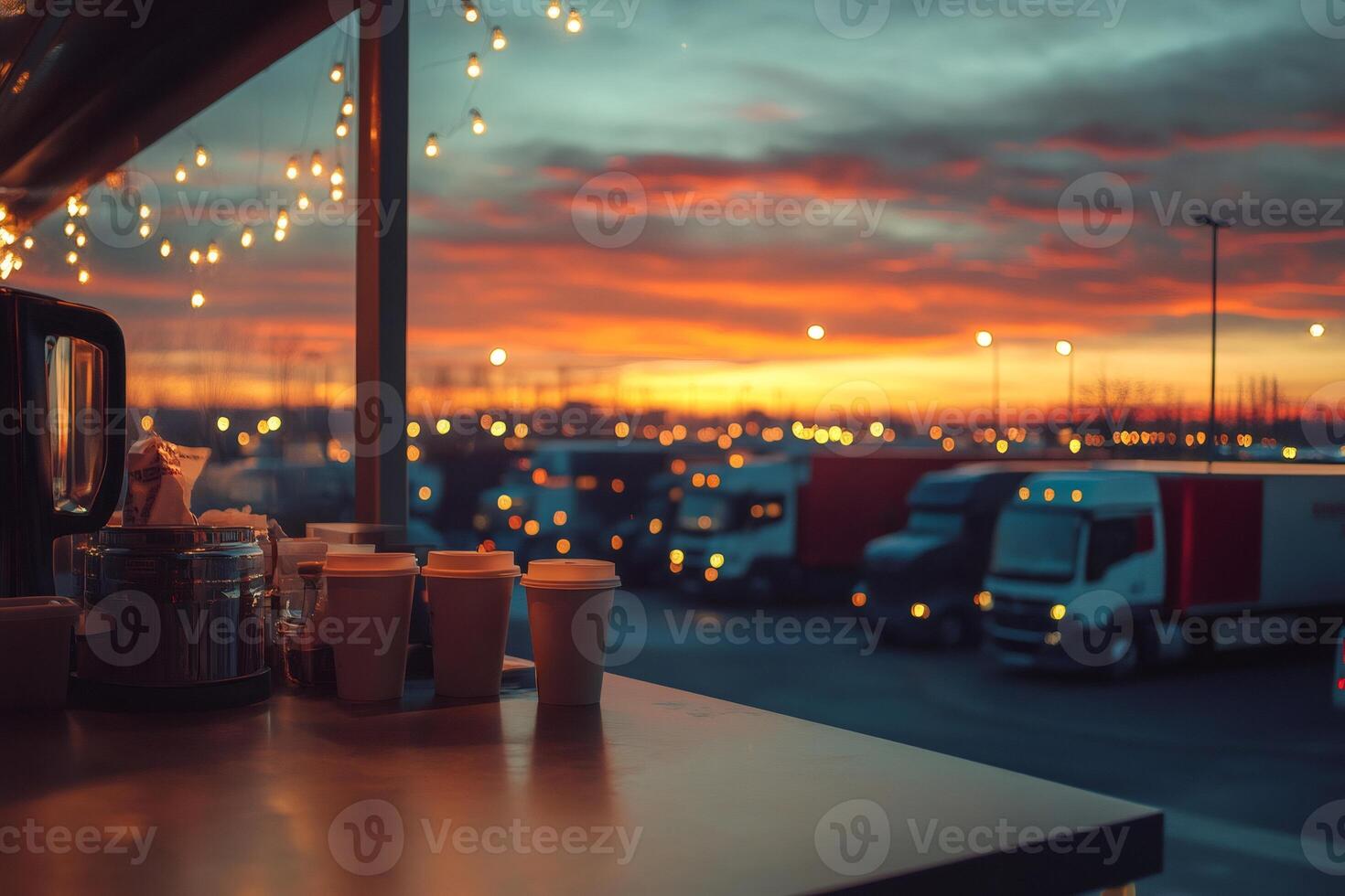 Coffee break at sunset, enjoying a warm beverage overlooking truck stop parking lot photo