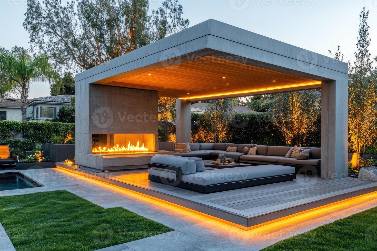 Modern backyard patio with fireplace and cozy seating at dusk photo