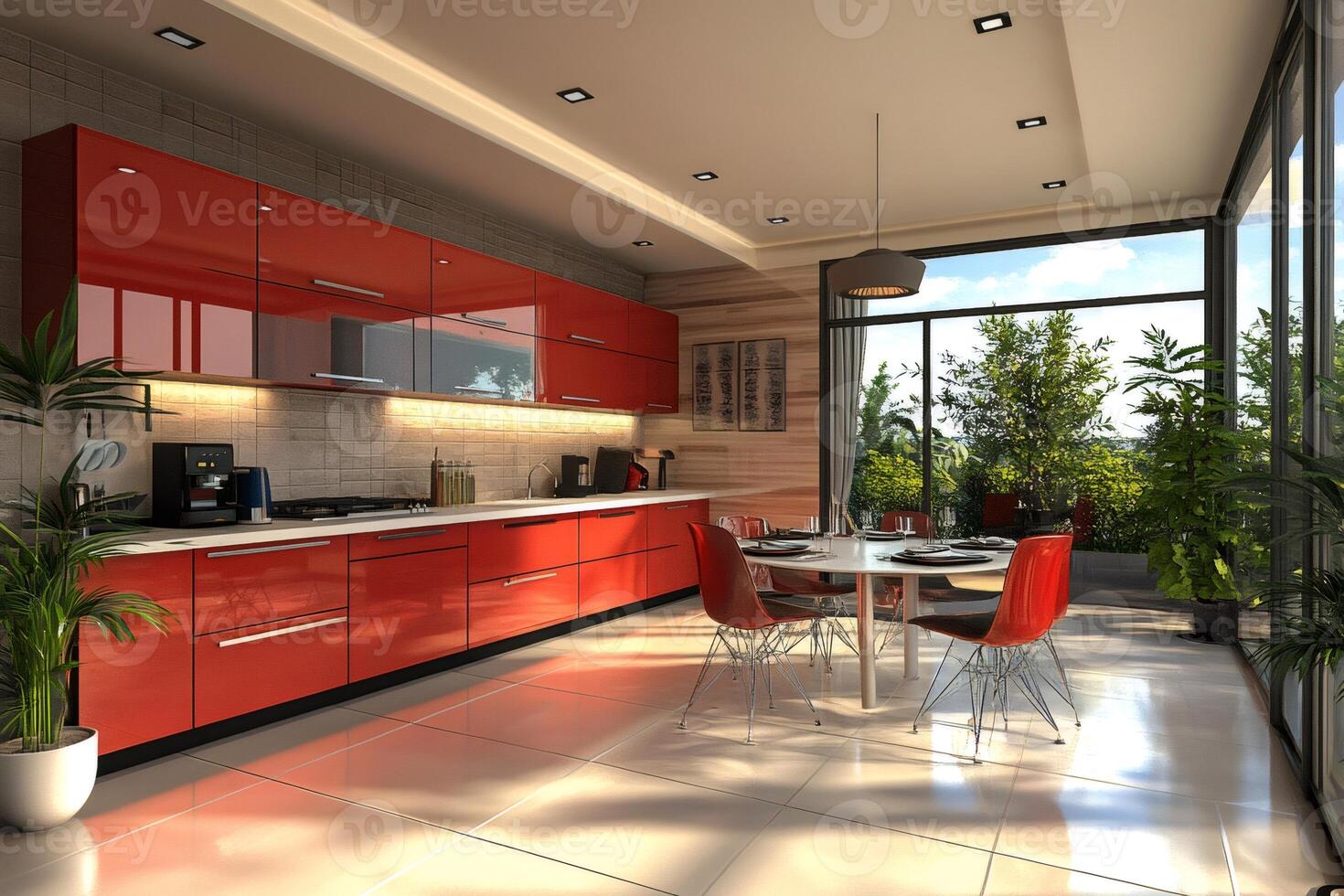 Modern red kitchen with table and chairs overlooking garden photo