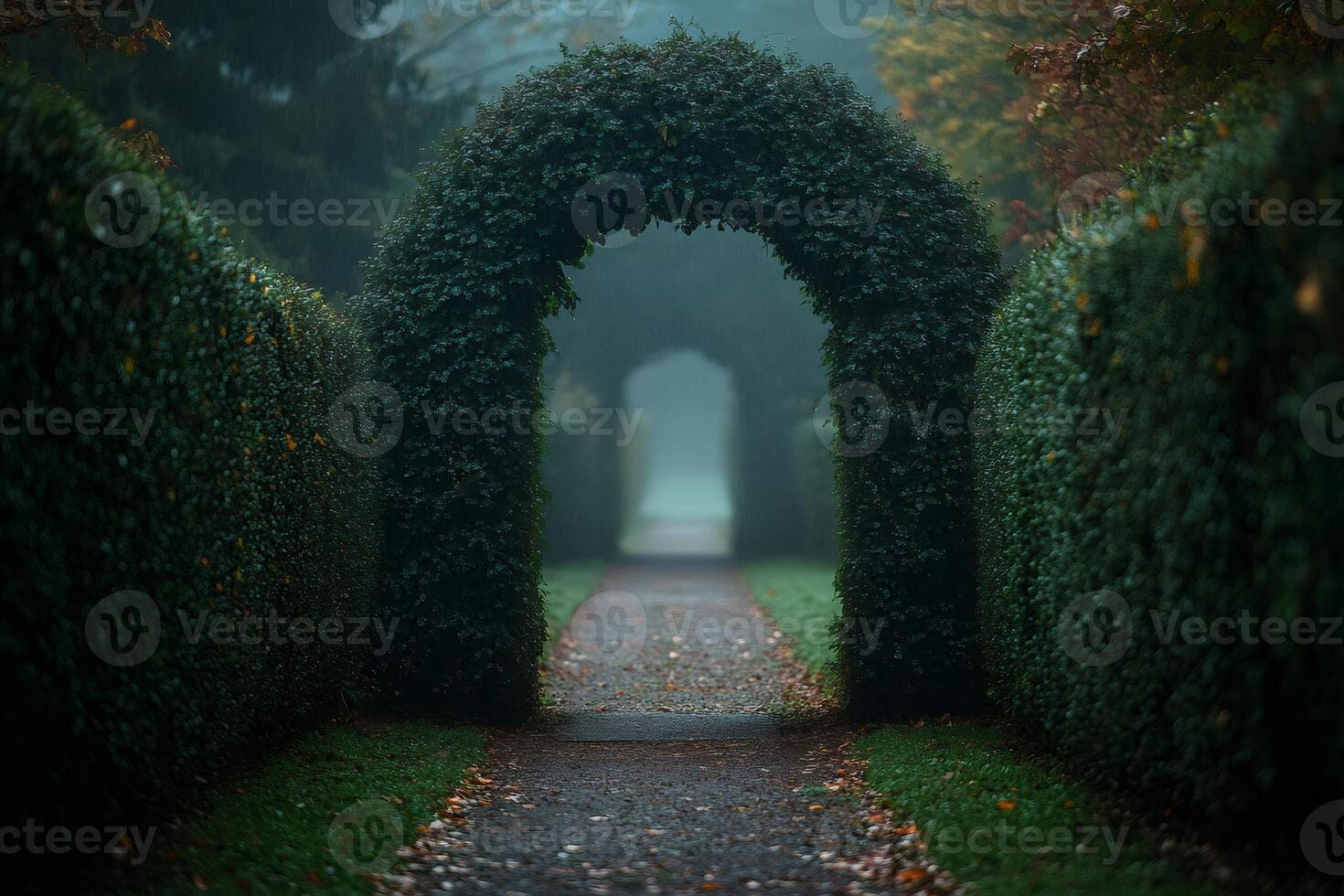Pathway leading through green archway in formal garden on rainy day photo