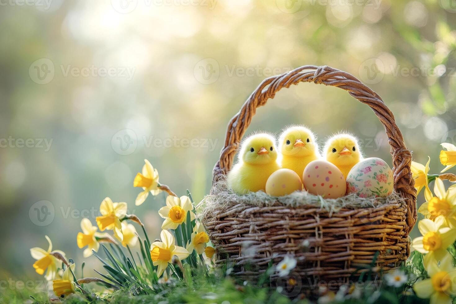 Three baby chickens sitting in basket with easter eggs and daffodils during spring photo