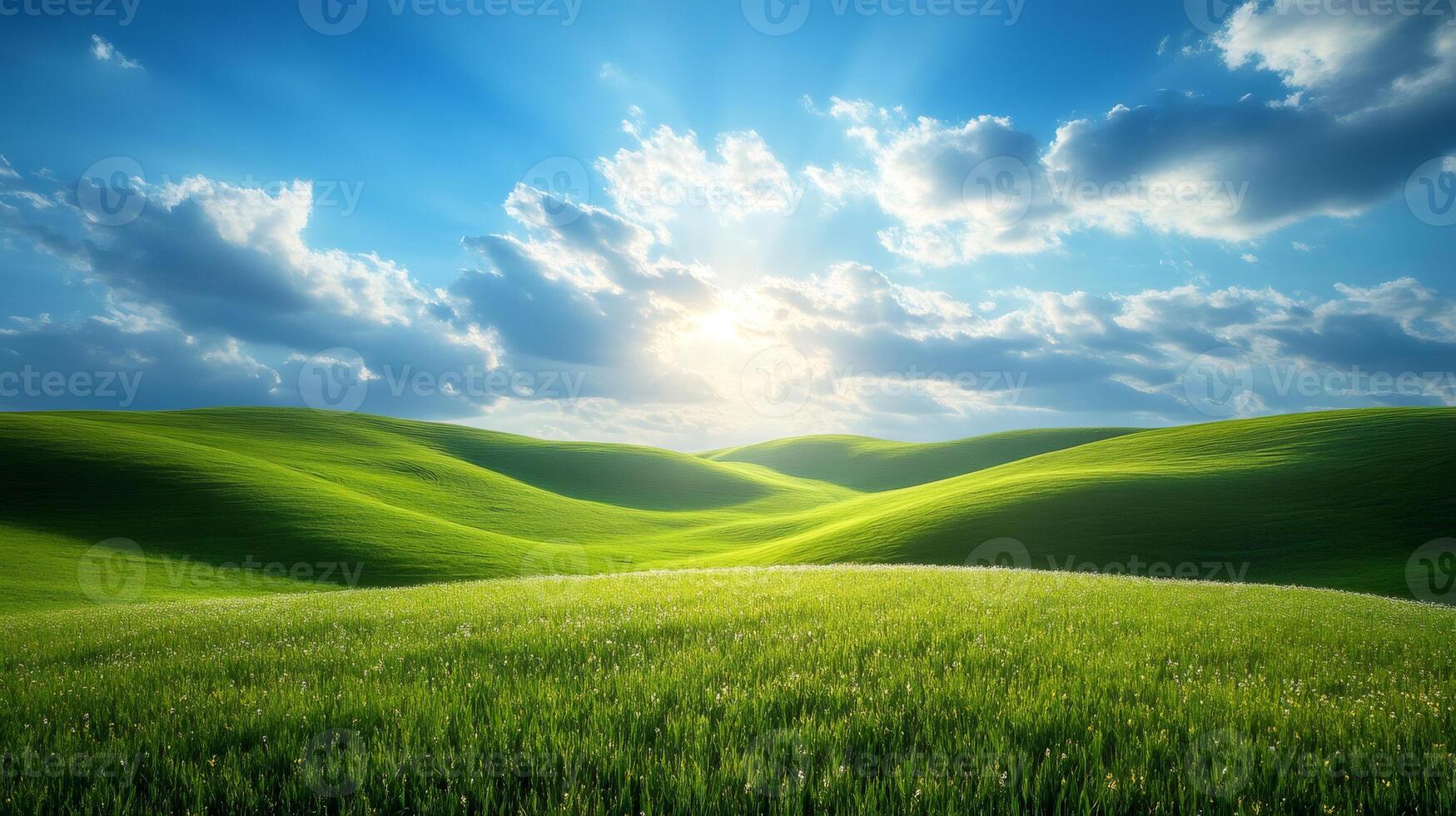 Rolling green hills basking in sunlight under a cloudy sky photo