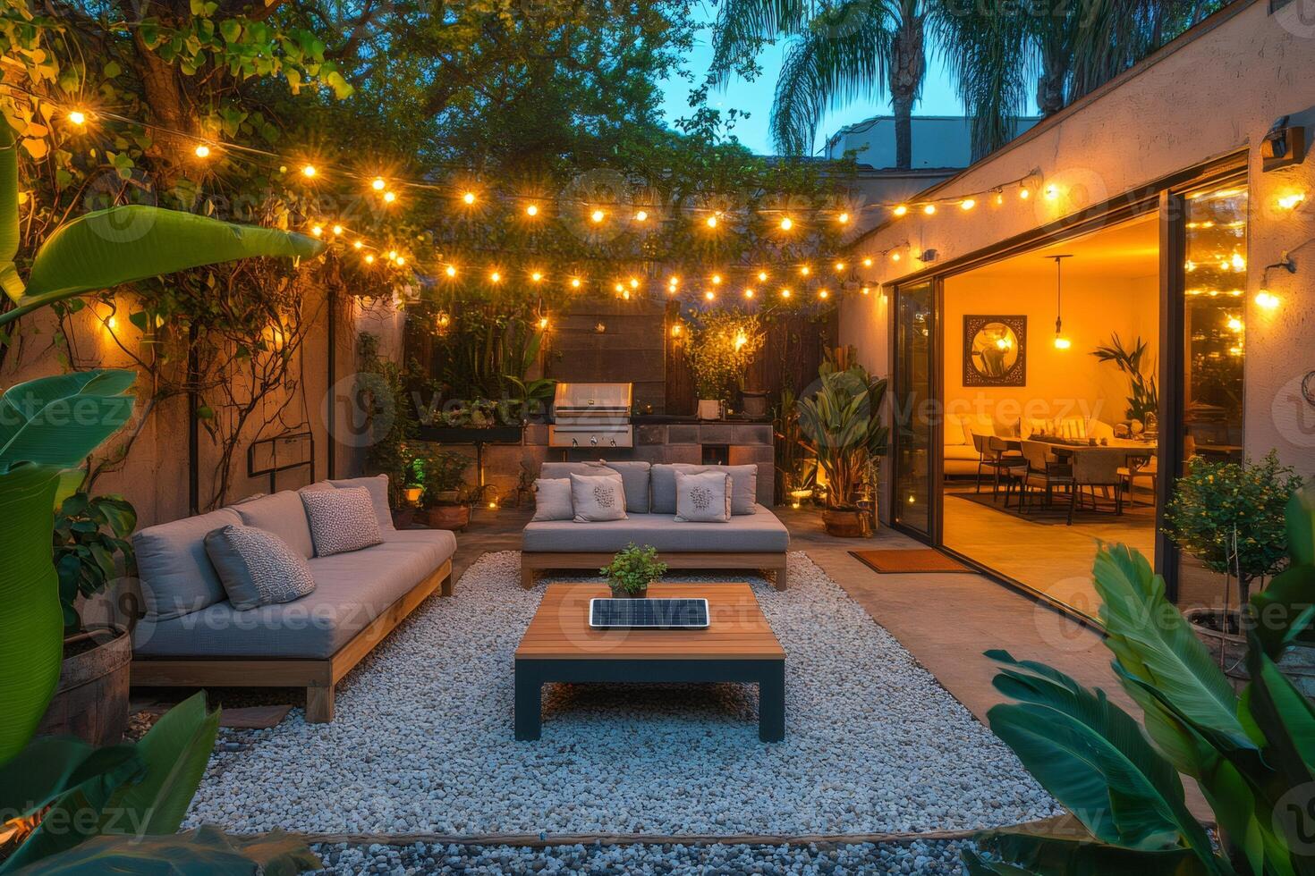 Cozy backyard patio illuminated with string lights at dusk, showing outdoor furniture and lush greenery photo