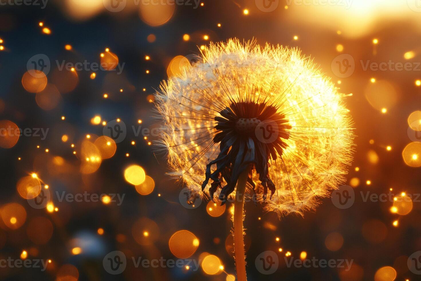 Dandelion seeds blowing in golden sunset light creating magical bokeh effect photo