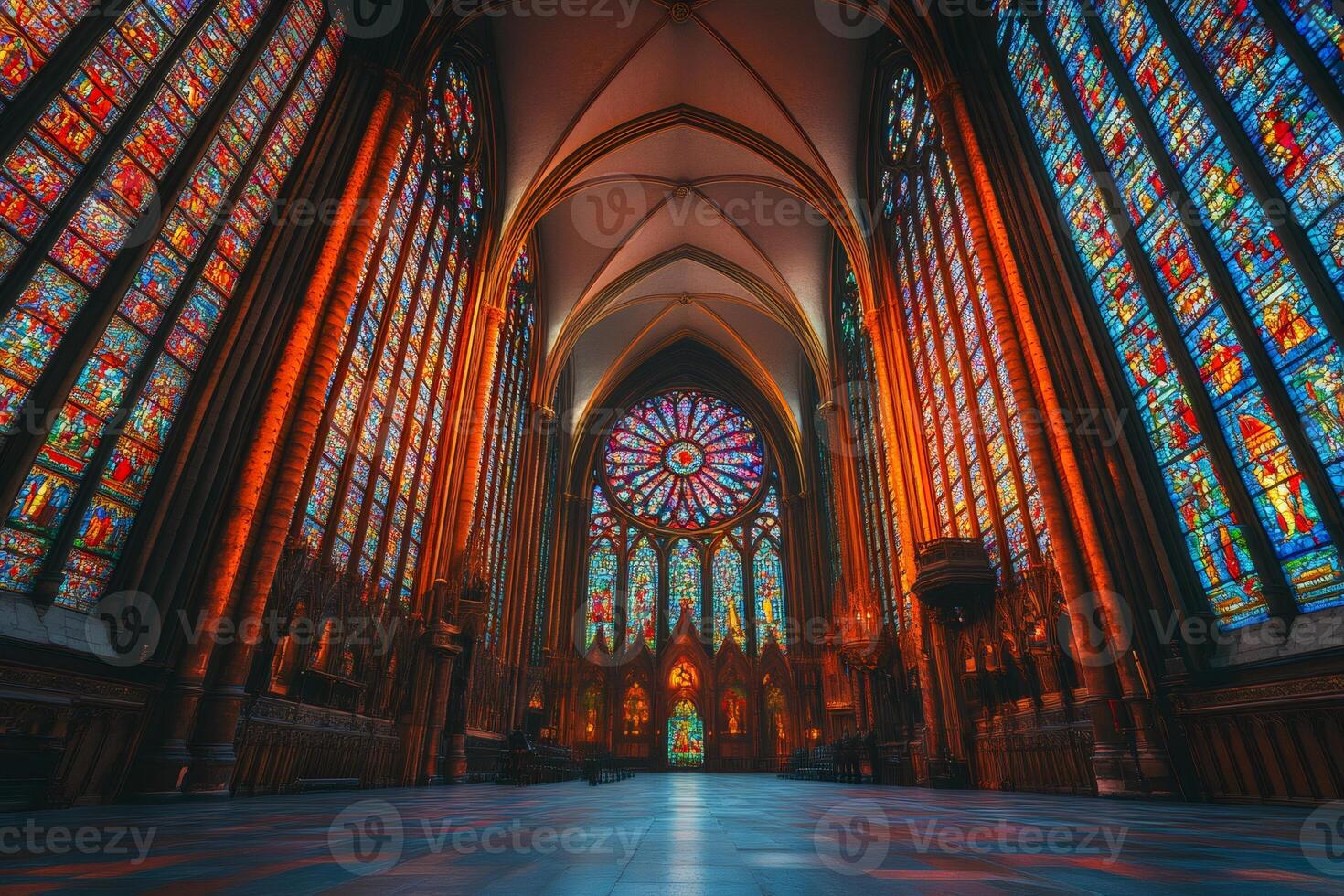 Sainte chapelle interior showing stunning stained glass windows and gothic architecture photo
