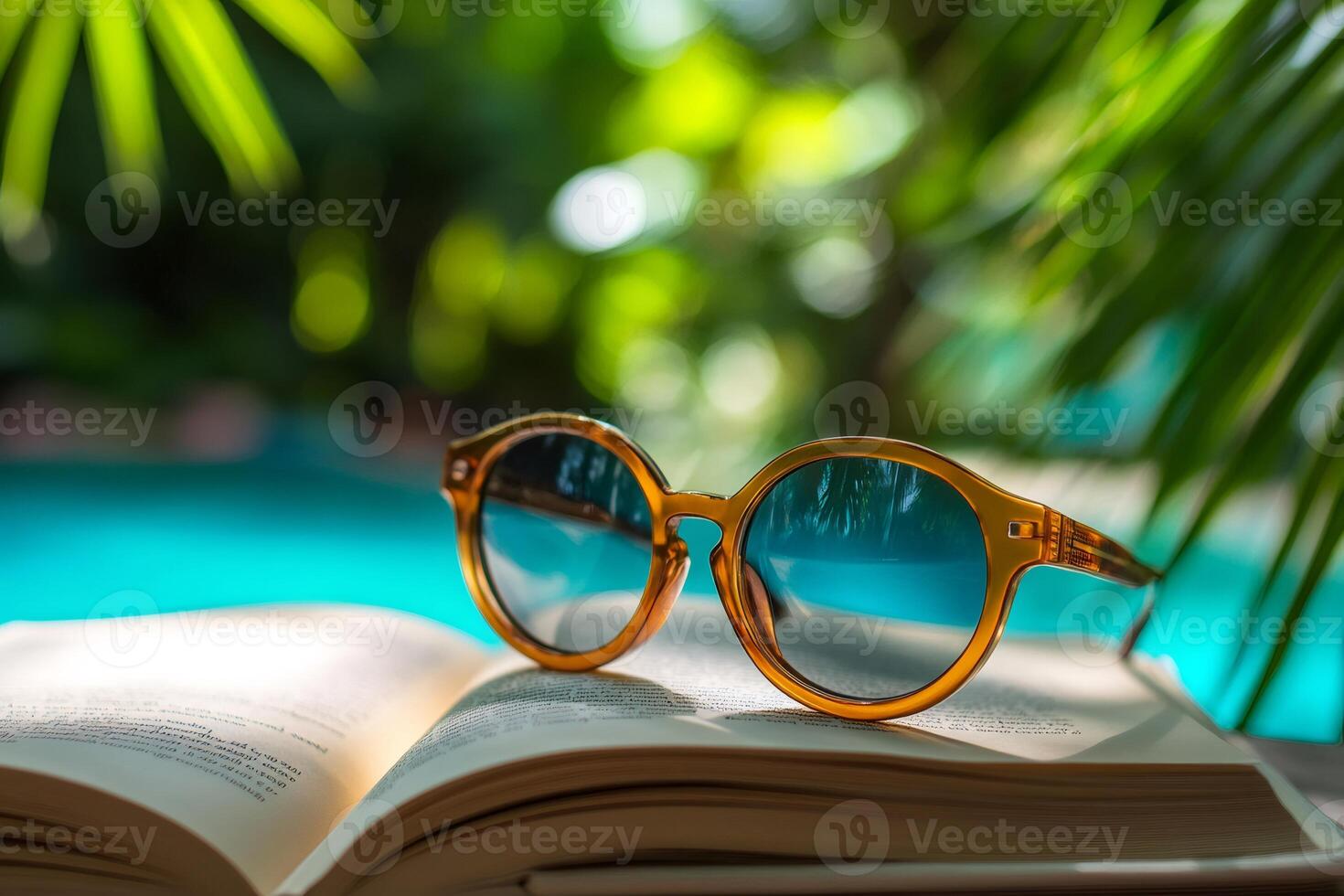 Sunglasses resting on open book by pool in tropical paradise photo