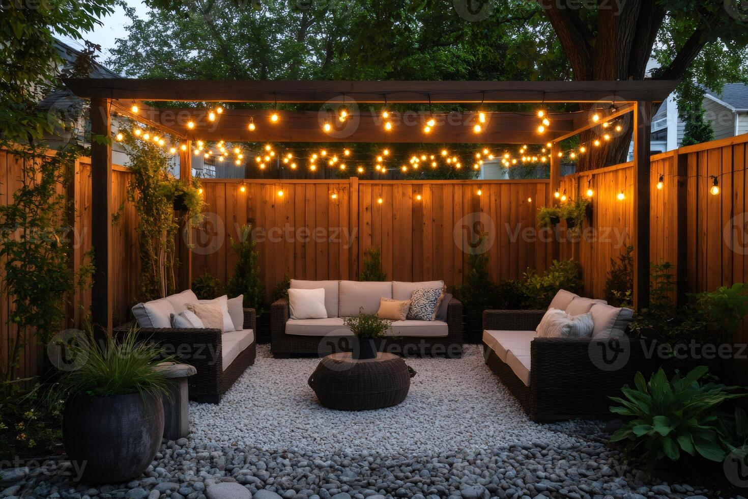 Cozy backyard patio with string lights illuminating pergola and seating area photo