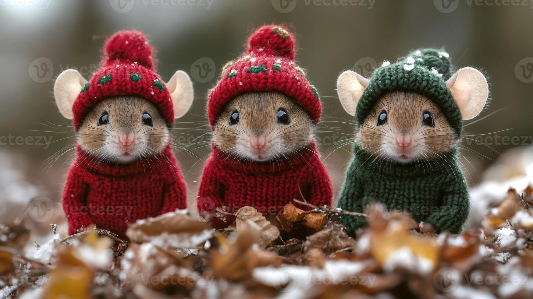 Three adorable mice wearing festive sweaters and hats in winter wonderland photo