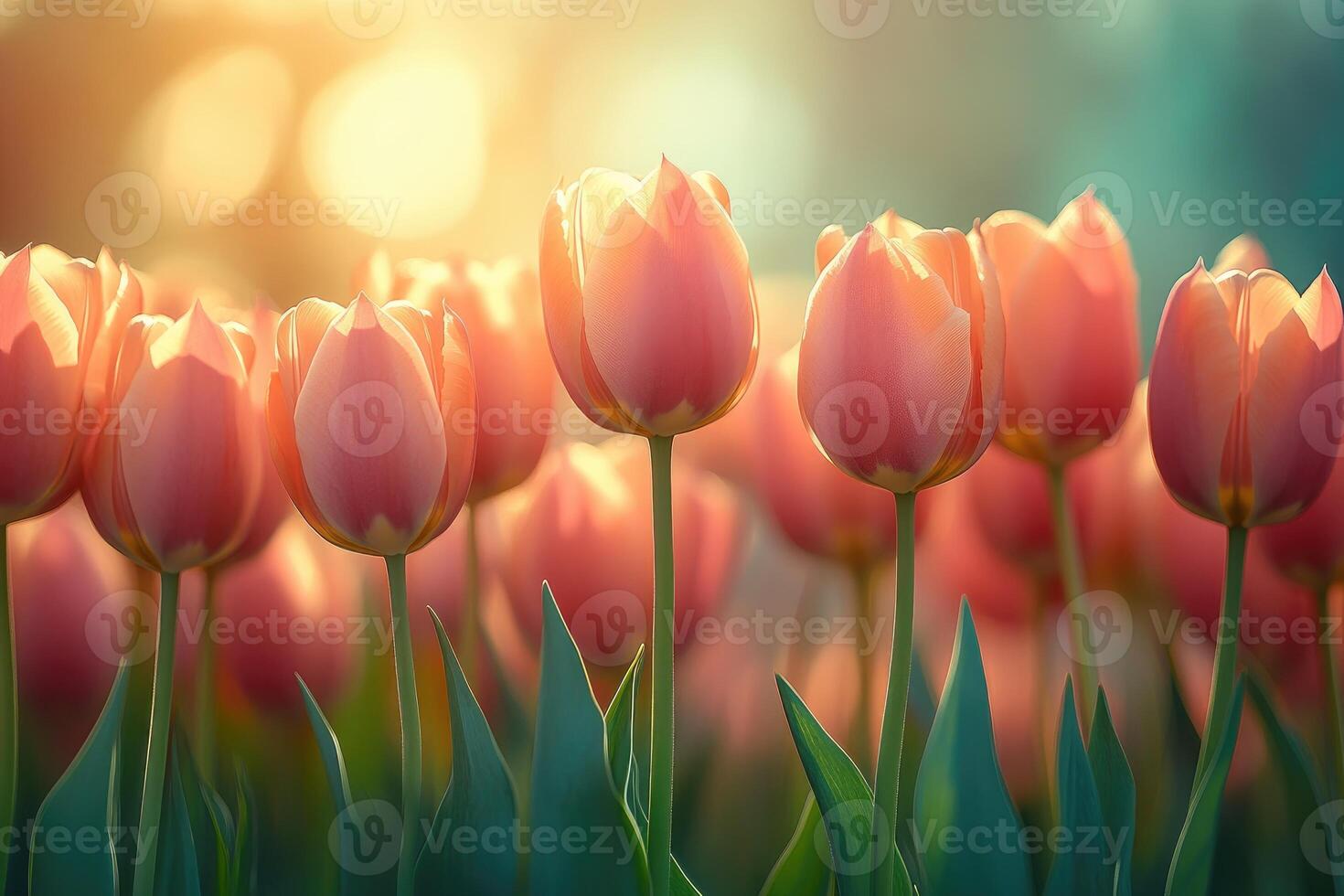 hermosa rosado tulipanes floreciente en calentar puesta de sol ligero en primavera jardín foto