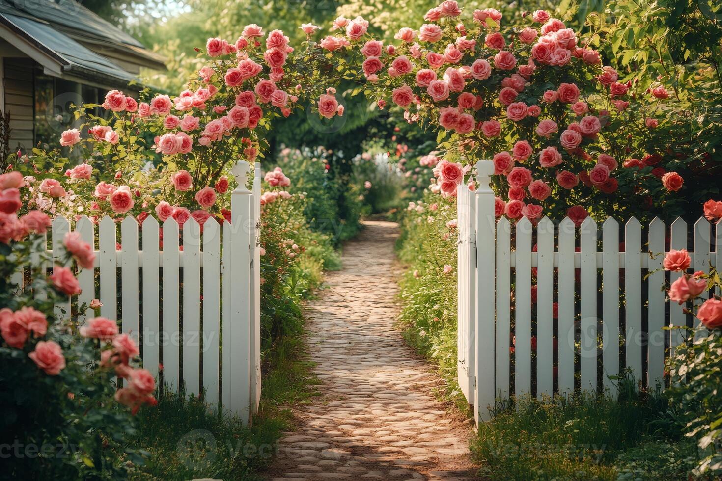 White picket fence and rose archway leading to cobblestone path in beautiful garden photo