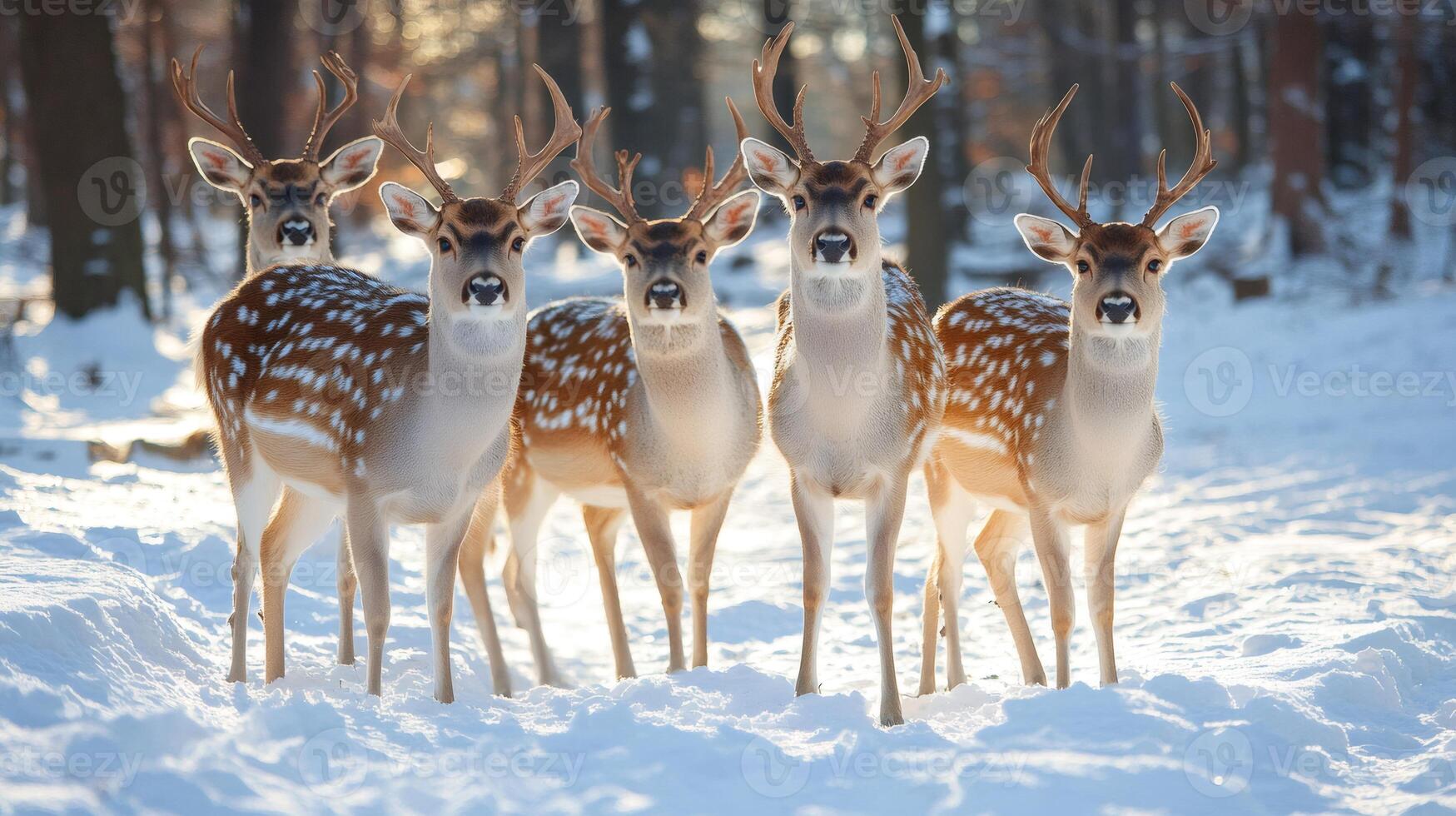 Group of fallow deer standing in snowy forest landscape photo