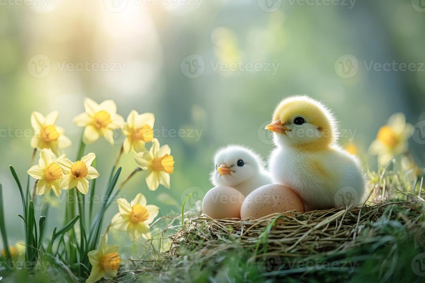 Baby chickens resting in nest with eggs and daffodils in spring sunlight photo