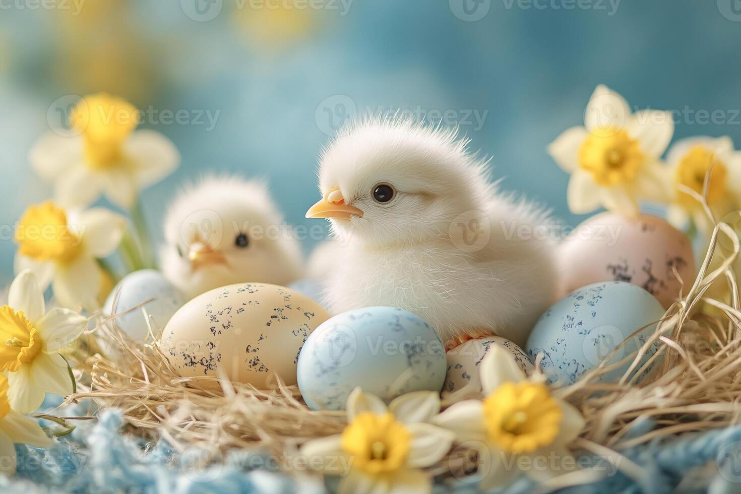 Fluffy baby chickens sitting in nest with easter eggs and daffodils photo