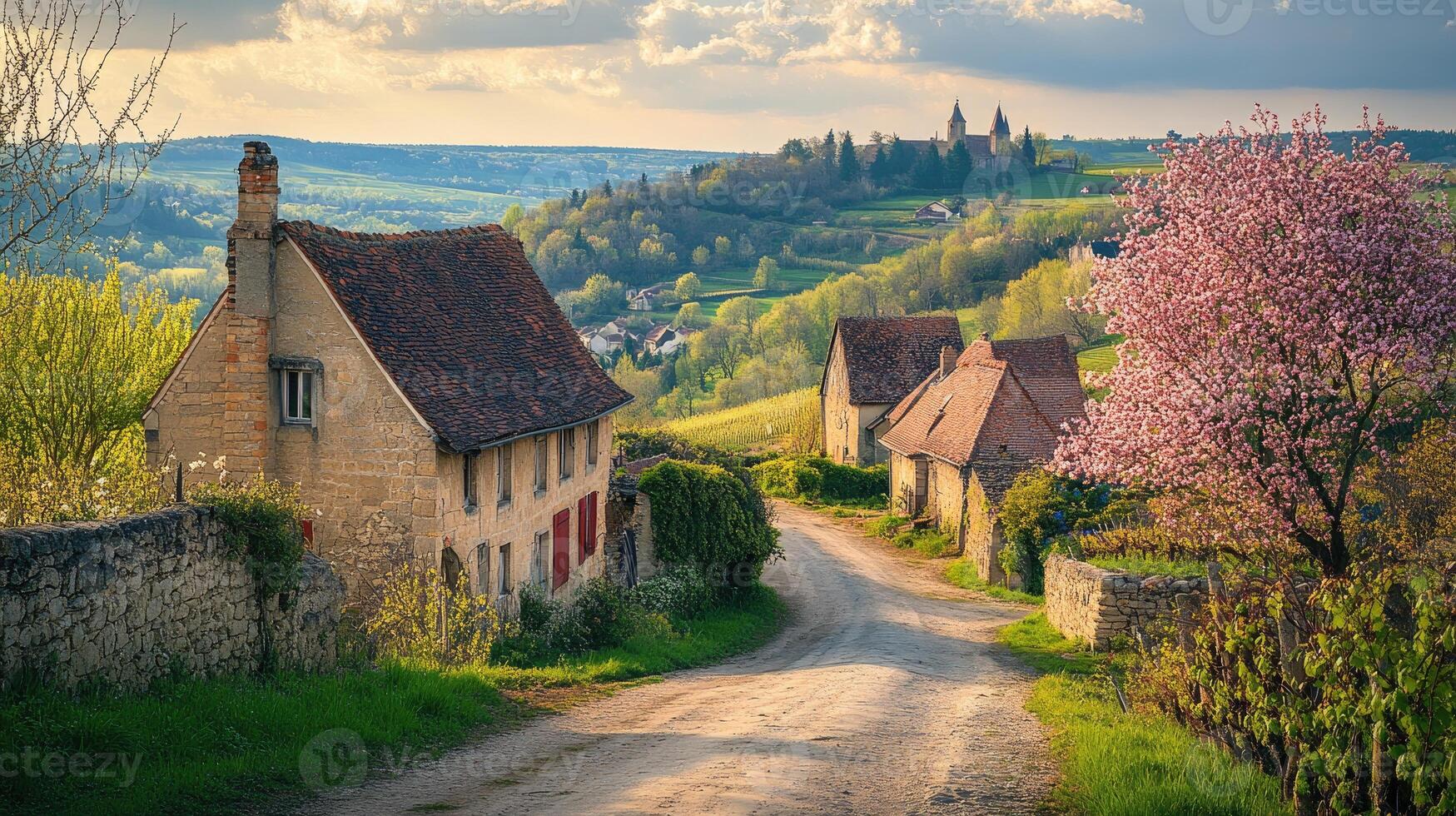 Picturesque french countryside with blooming tree and houses at sunset photo