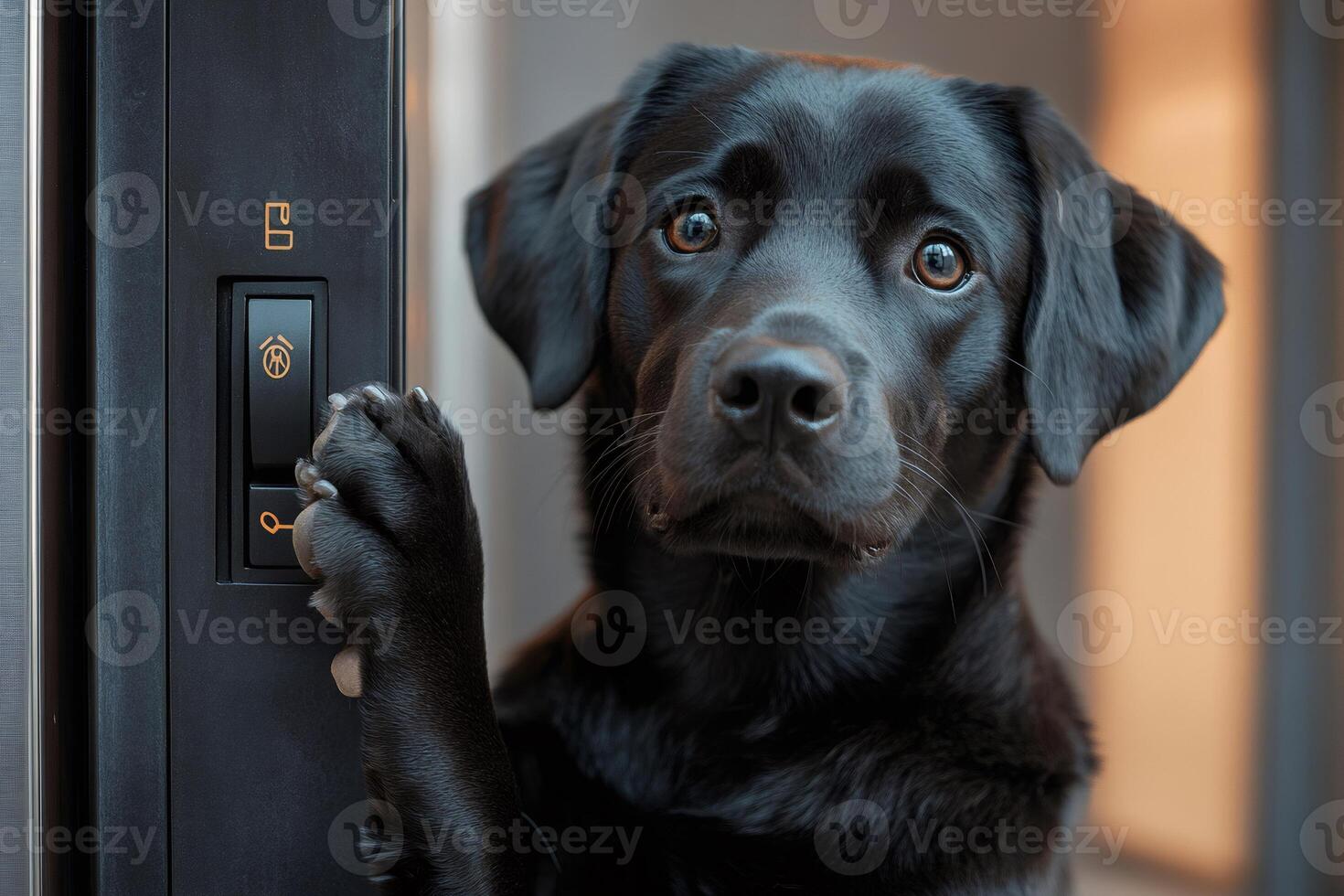 Black labrador dog pressing button to open door photo