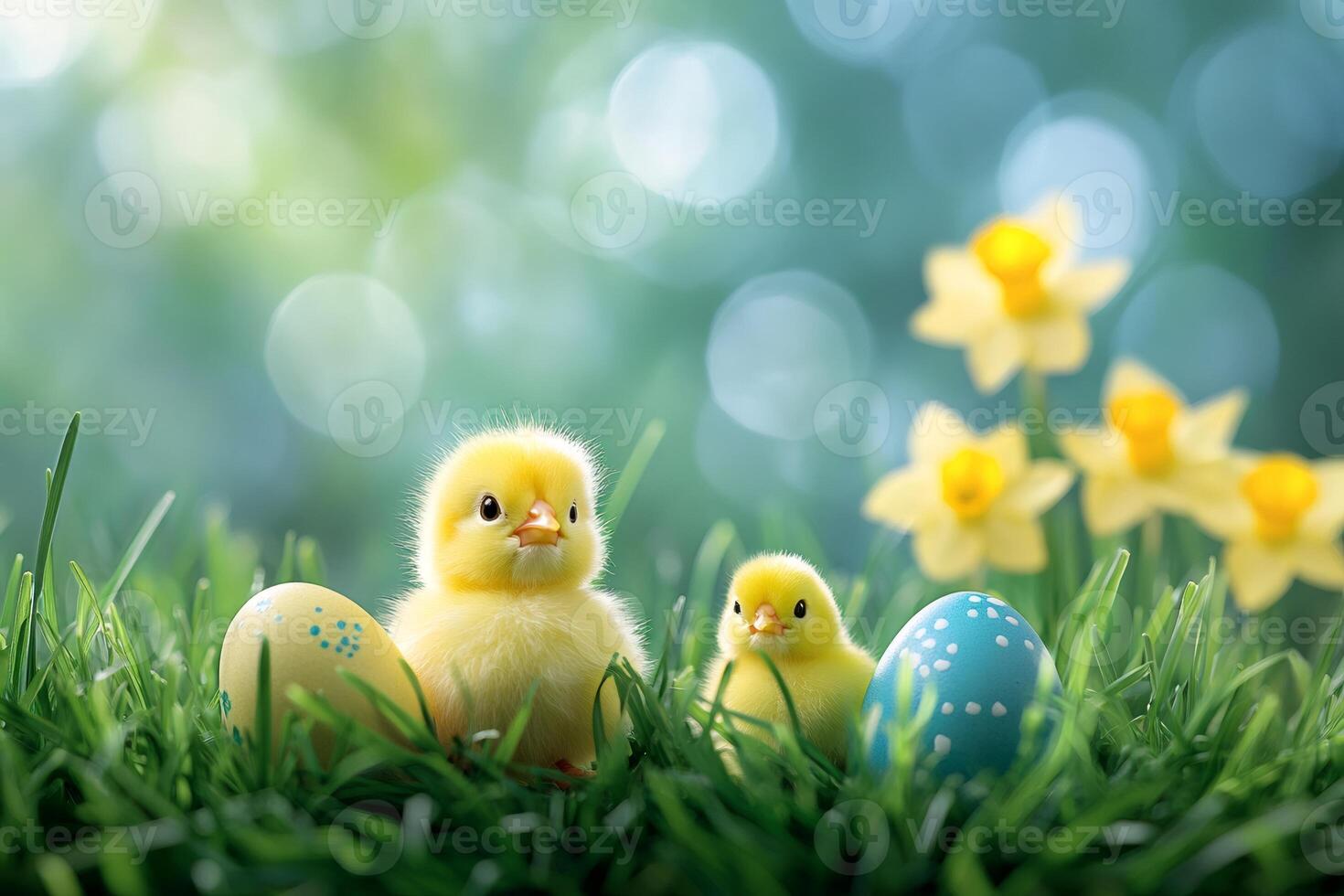 Two baby chicks sitting in grass with easter eggs and daffodils photo