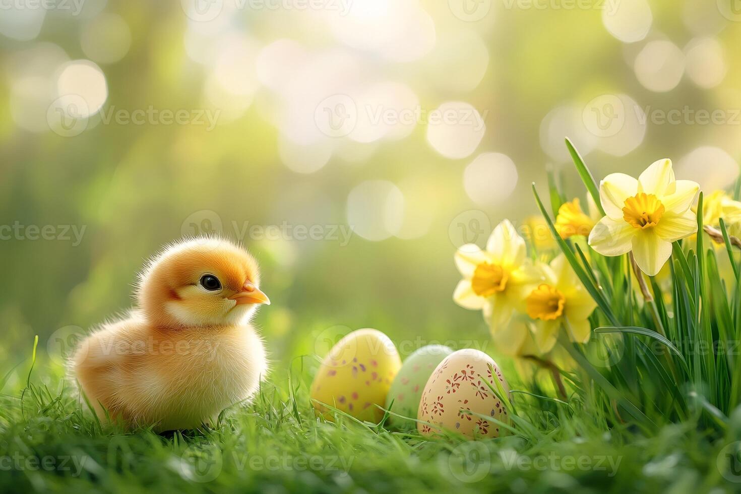 Cute chick enjoying easter eggs and daffodils in spring sunlight photo
