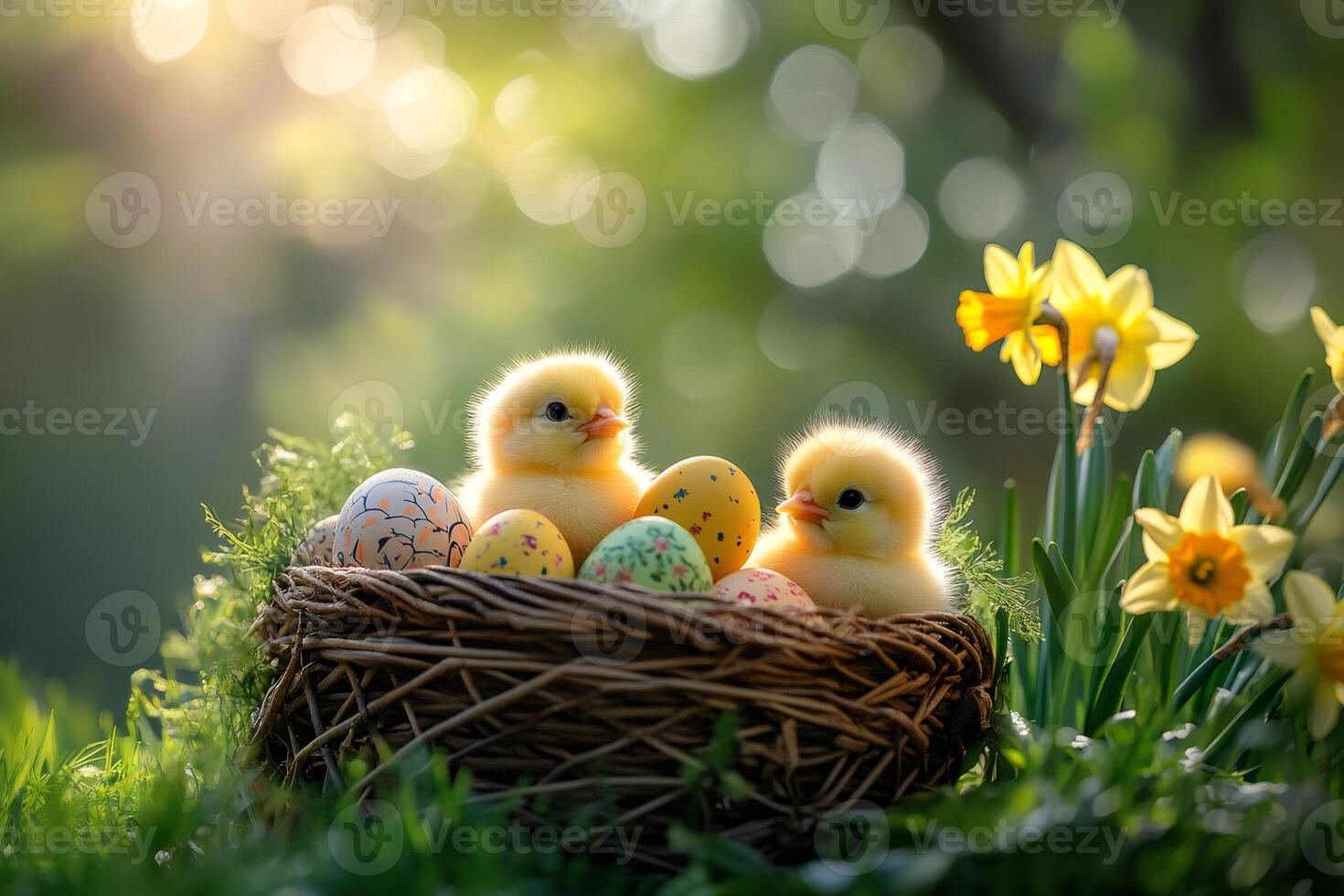 Two chicks sitting in nest with decorated easter eggs and daffodils in spring sunlight photo