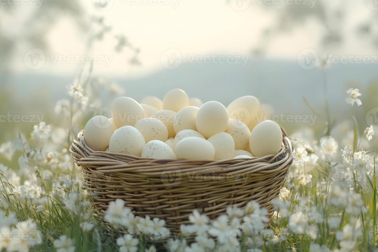 Wicker basket overflowing with fresh white eggs in a meadow of spring flowers photo