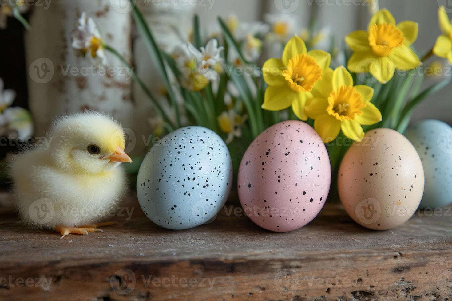 Cute chick posing with easter eggs and daffodils on rustic wood photo